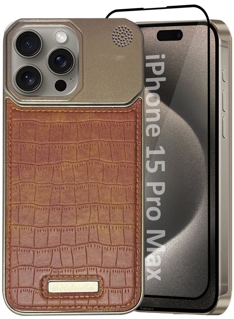 MARGOUN iPhone 15 Pro Max 2 Pack Case Leather Metal Design, Slim Lightweight Minimalist Cover,1 Case 1 Screen Protector Brown-2  - Image 2