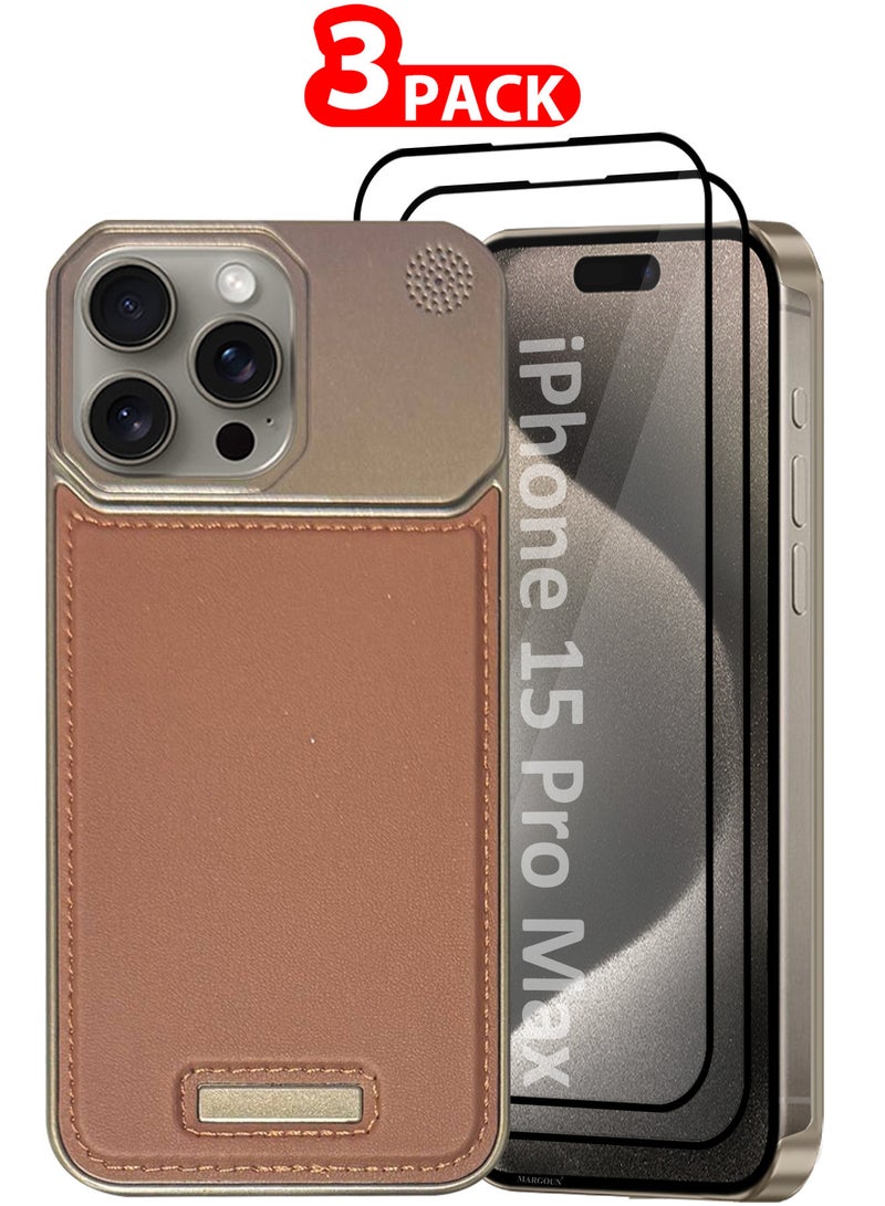 MARGOUN iPhone 15 Pro Max 3 Pack Case Leather Metal Design, Slim Lightweight Minimalist Cover,1 Case 2 Screen Protectors Brownie-3  - Image 1
