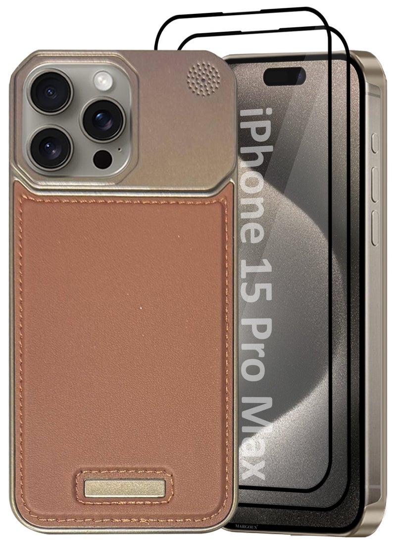 MARGOUN iPhone 15 Pro Max 3 Pack Case Leather Metal Design, Slim Lightweight Minimalist Cover,1 Case 2 Screen Protectors Brownie-3  - Image 2