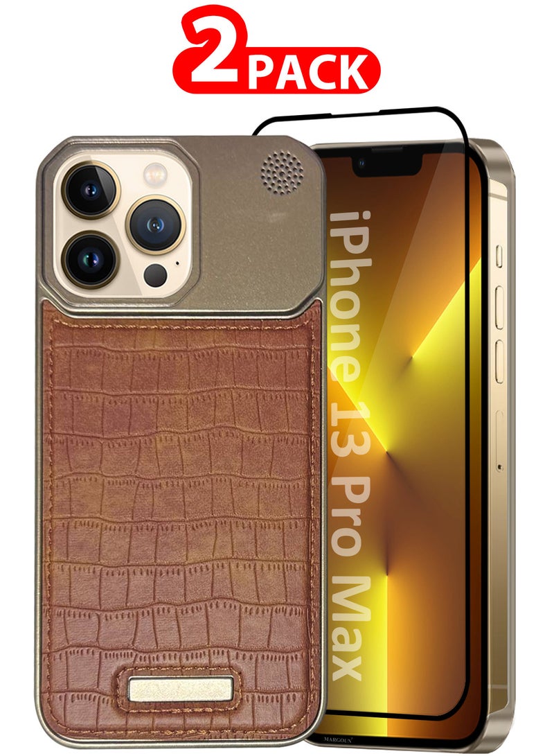 MARGOUN iPhone 13 Pro Max 2 Pack Case Leather Metal Design, Slim Lightweight Minimalist Cover,1 Case 1 Screen Protector Brown-2  - Image 1