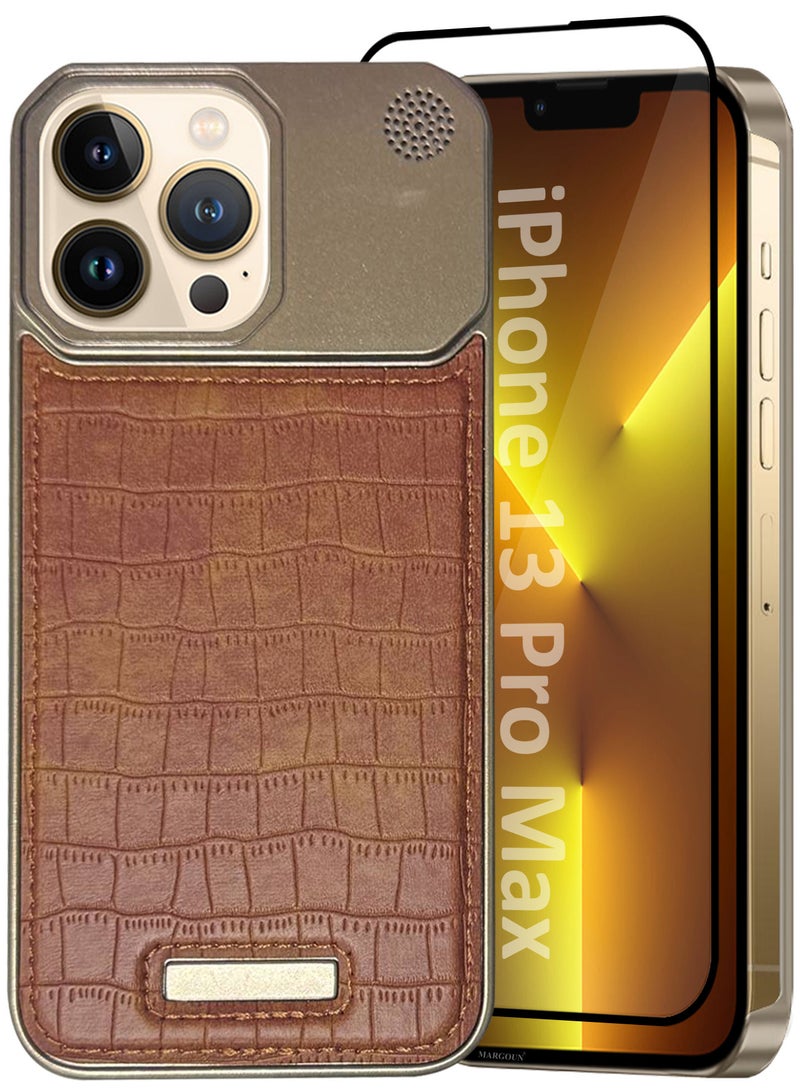 MARGOUN iPhone 13 Pro Max 2 Pack Case Leather Metal Design, Slim Lightweight Minimalist Cover,1 Case 1 Screen Protector Brown-2  - Image 2