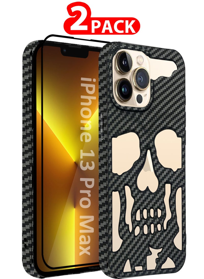 MARGOUN iPhone 13 Pro Max 2Packs Skull Case Cover Soft TPU and Glossy with 3D Shockproof Screen Protector Carbon Fiber-2s - Image 1
