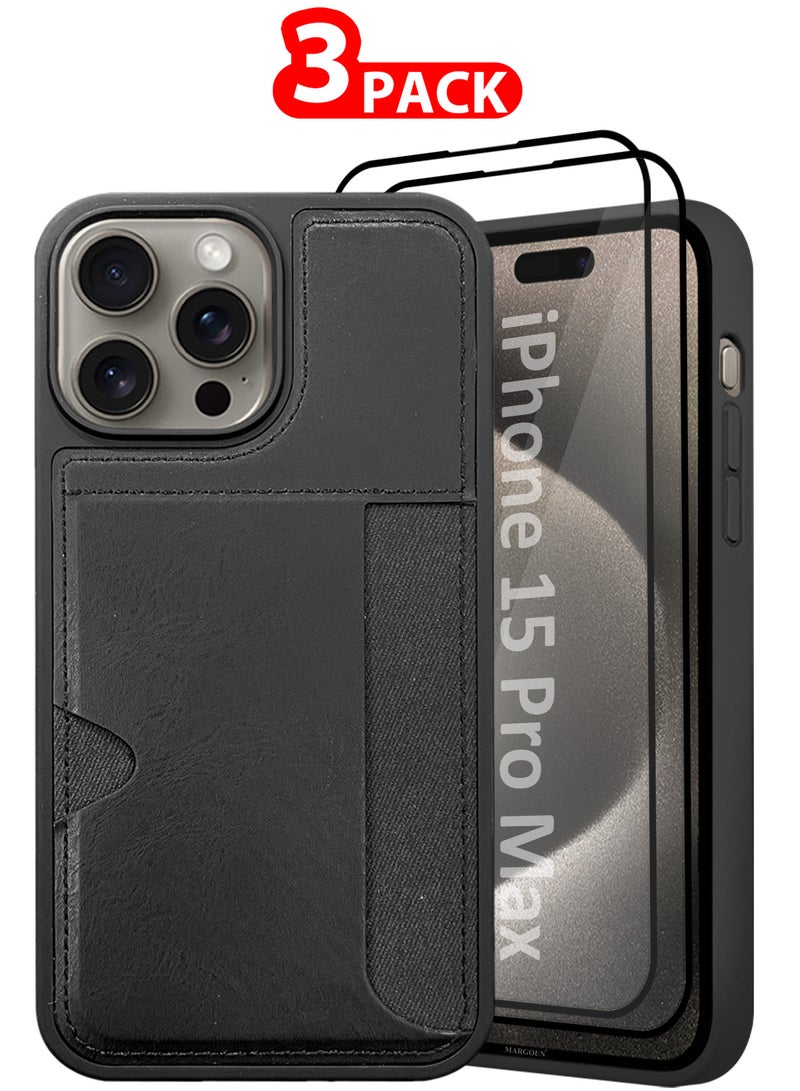 MARGOUN iPhone 15 Pro Max 3Packs Case Leather Antifingerprint Cover with Wallet Card Slot Shell, Side Insert Card Holder, Anti Fall Protection - Black-3 - Image 1