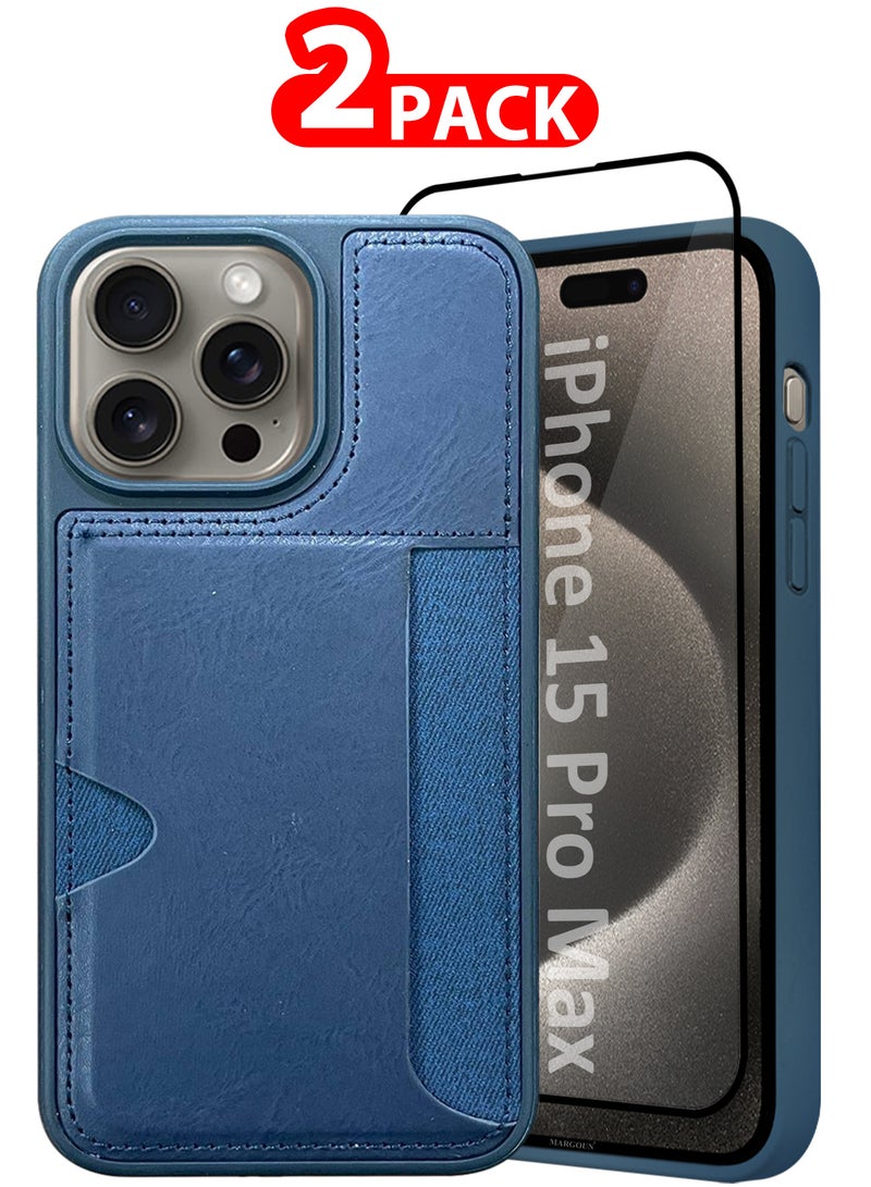 MARGOUN iPhone 15 Pro Max 2Packs Case Leather Antifingerprint Cover with Wallet Card Slot Shell, Side Insert Card Holder, Anti Fall Protection - Blue Blue-2  - Image 1