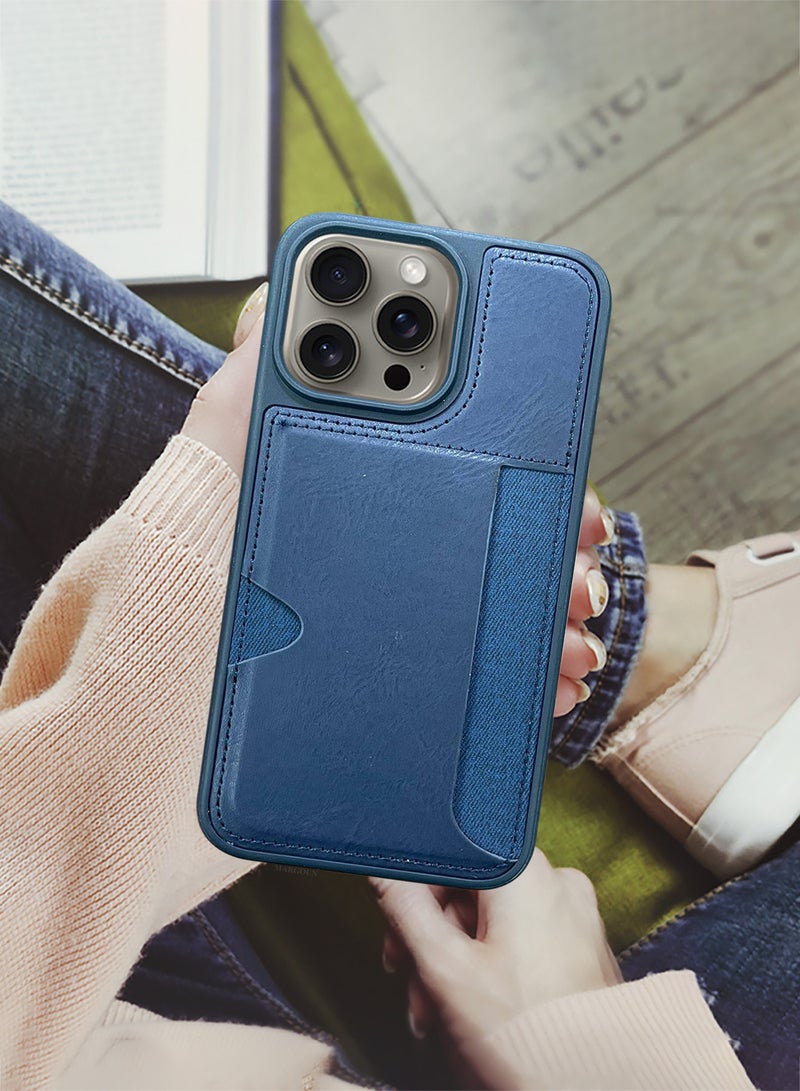 MARGOUN iPhone 15 Pro Max 2Packs Case Leather Antifingerprint Cover with Wallet Card Slot Shell, Side Insert Card Holder, Anti Fall Protection - Blue Blue-2  - Image 4