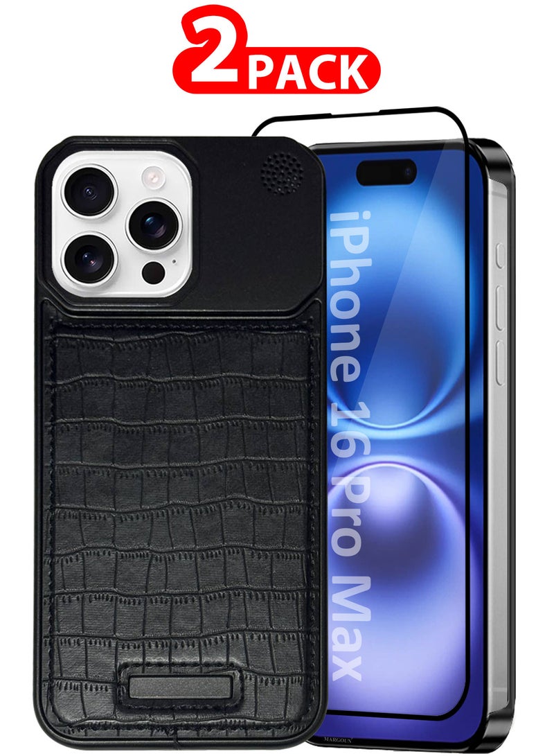 MARGOUN iPhone 16 Pro Max 2 Pack Case Leather Metal Design, Slim Lightweight Minimalist Cover,1 Case 1 Screen Protector Blackish-2  - Image 1