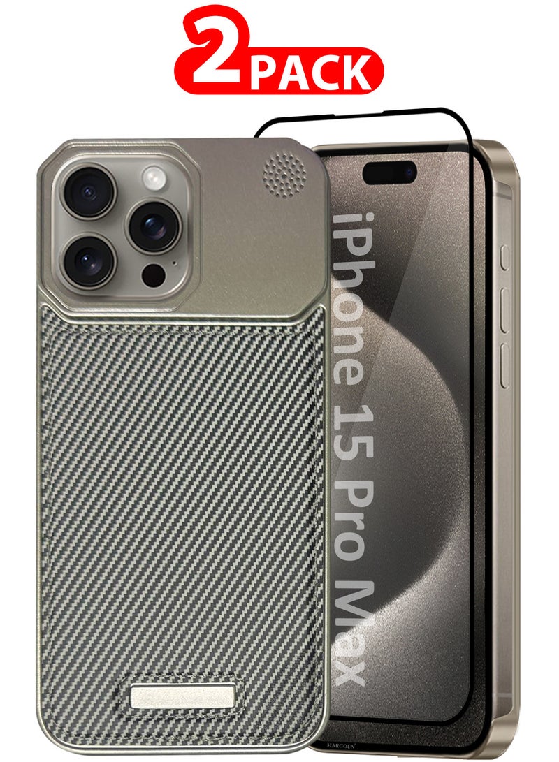 MARGOUN iPhone 15 Pro Max 2 Pack Case Leather Metal Design, Slim Lightweight Minimalist Cover,1 Case 1 Screen Protector Carbon Grey-2  - Image 1