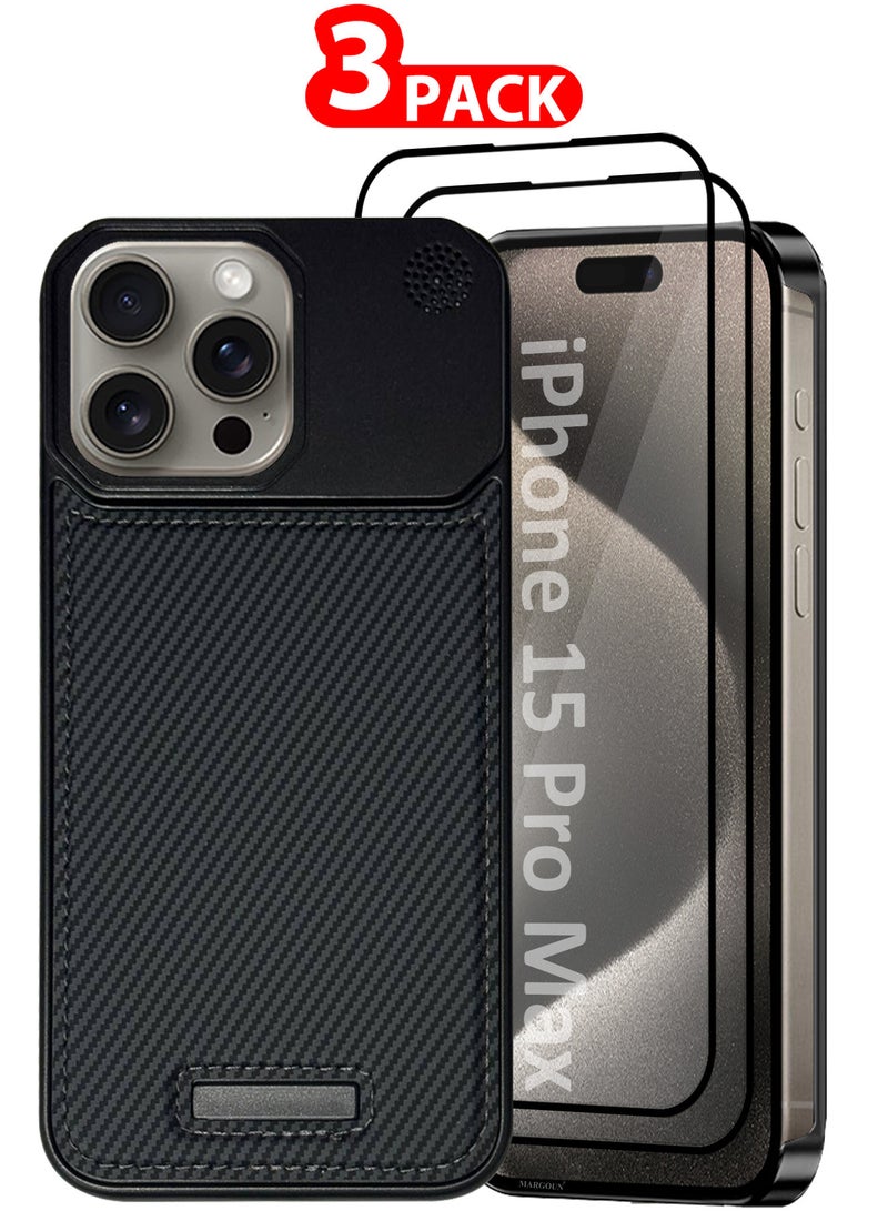 MARGOUN iPhone 15 Pro Max 3 Pack Case Leather Metal Design, Slim Lightweight Minimalist Cover,1 Case 2 Screen Protectors Carbon Black-3  - Image 1