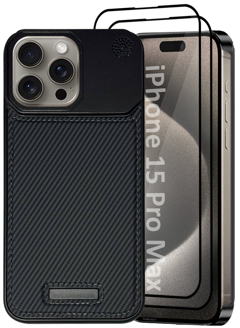 MARGOUN iPhone 15 Pro Max 3 Pack Case Leather Metal Design, Slim Lightweight Minimalist Cover,1 Case 2 Screen Protectors Carbon Black-3  - Image 2