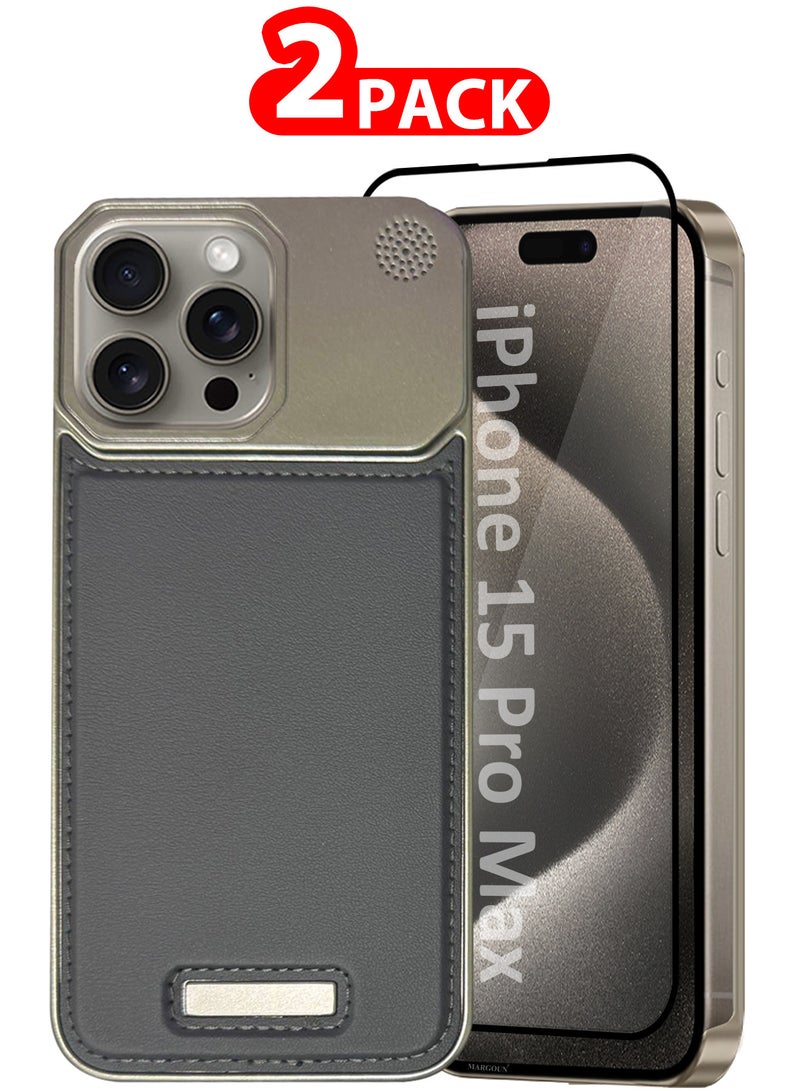 MARGOUN iPhone 15 Pro Max 2 Pack Case Leather Metal Design, Slim Lightweight Minimalist Cover,1 Case 1 Screen Protector Dark Grey-2  - Image 1
