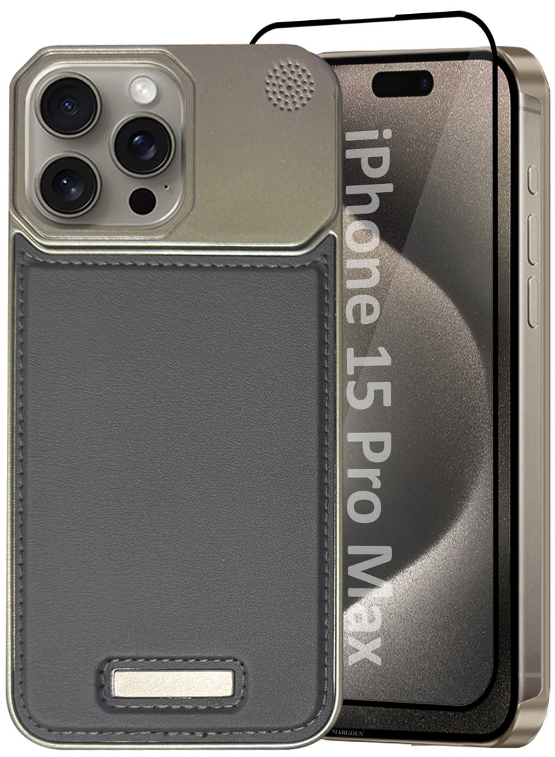 MARGOUN iPhone 15 Pro Max 2 Pack Case Leather Metal Design, Slim Lightweight Minimalist Cover,1 Case 1 Screen Protector Dark Grey-2  - Image 2