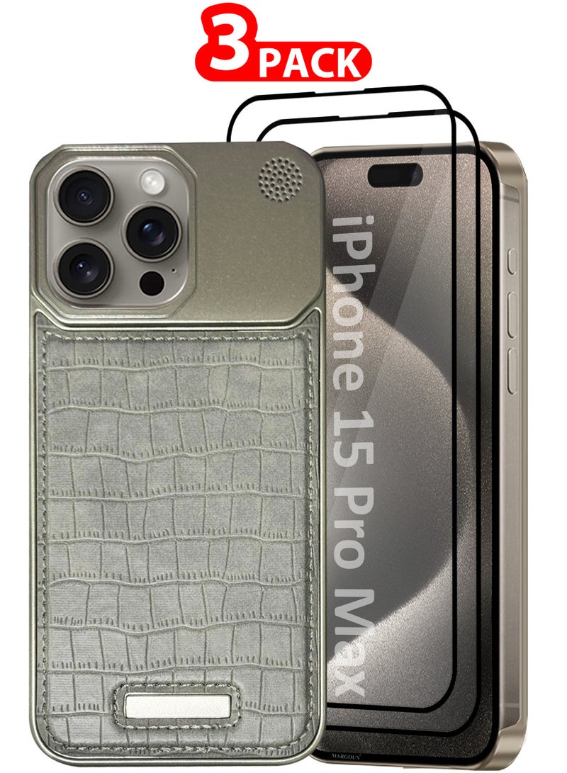 MARGOUN iPhone 15 Pro Max 3 Pack Case Leather Metal Design, Slim Lightweight Minimalist Cover,1 Case 2 Screen Protectors Greyish-3  - Image 1