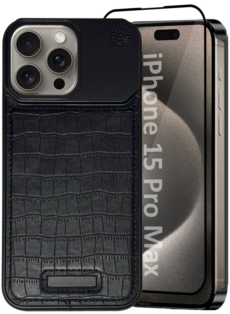 MARGOUN iPhone 15 Pro Max 2 Pack Case Leather Metal Design, Slim Lightweight Minimalist Cover,1 Case 1 Screen Protector Blackish-2  - Image 2