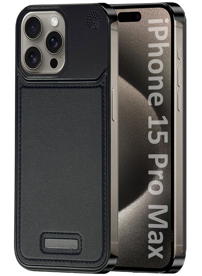 MARGOUN iPhone 15 Pro Max Case Leather Metal Design, Slim Lightweight Minimalist Cover Black-1  - Image 1