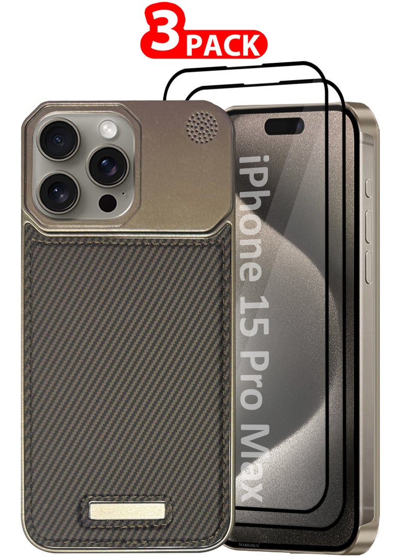MARGOUN iPhone 15 Pro Max 3 Pack Case Leather Metal Design, Slim Lightweight Minimalist Cover,1 Case 2 Screen Protectors Carbonic Grey-3  - Image 1