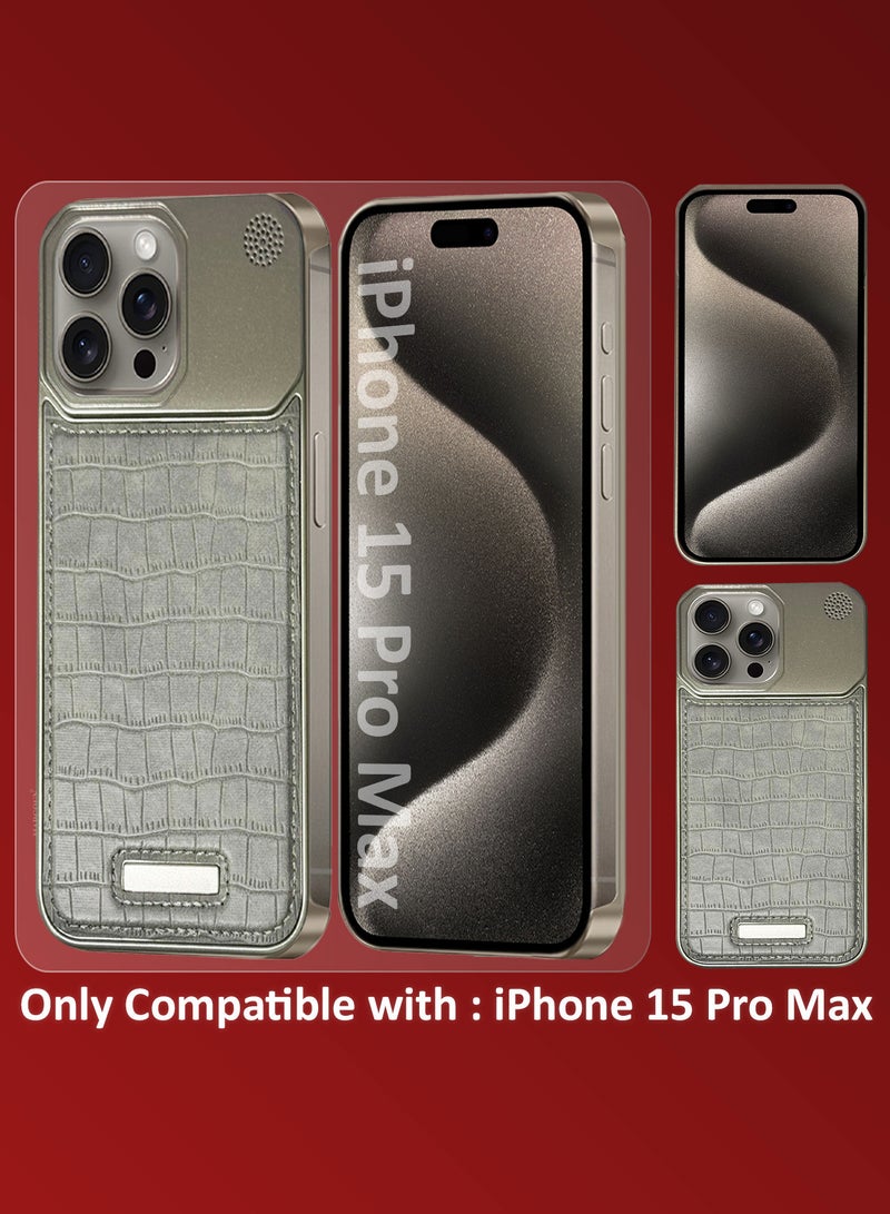 iPhone 15 Pro Max Case Leather Metal Design, Slim Lightweight Minimalist Cover Greyish-1