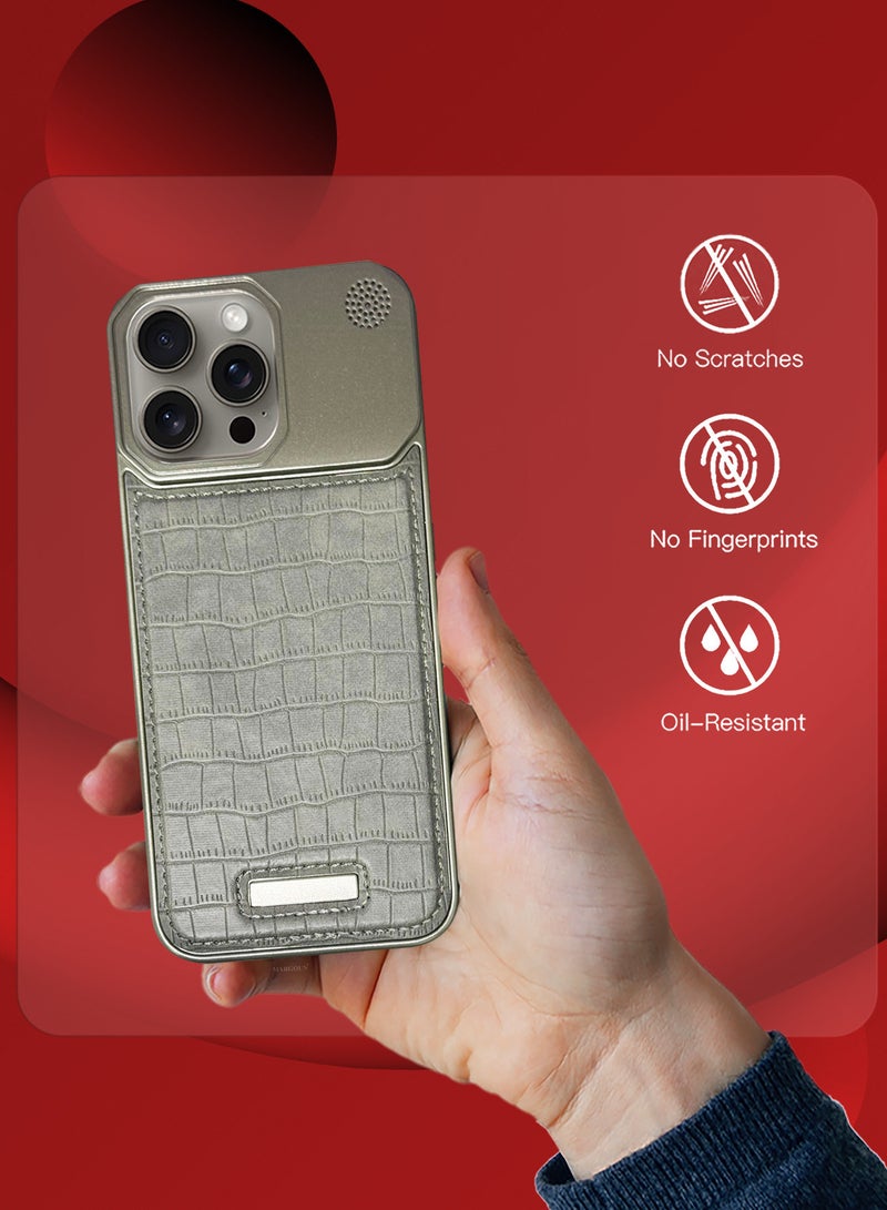 iPhone 15 Pro Max Case Leather Metal Design, Slim Lightweight Minimalist Cover Greyish-1