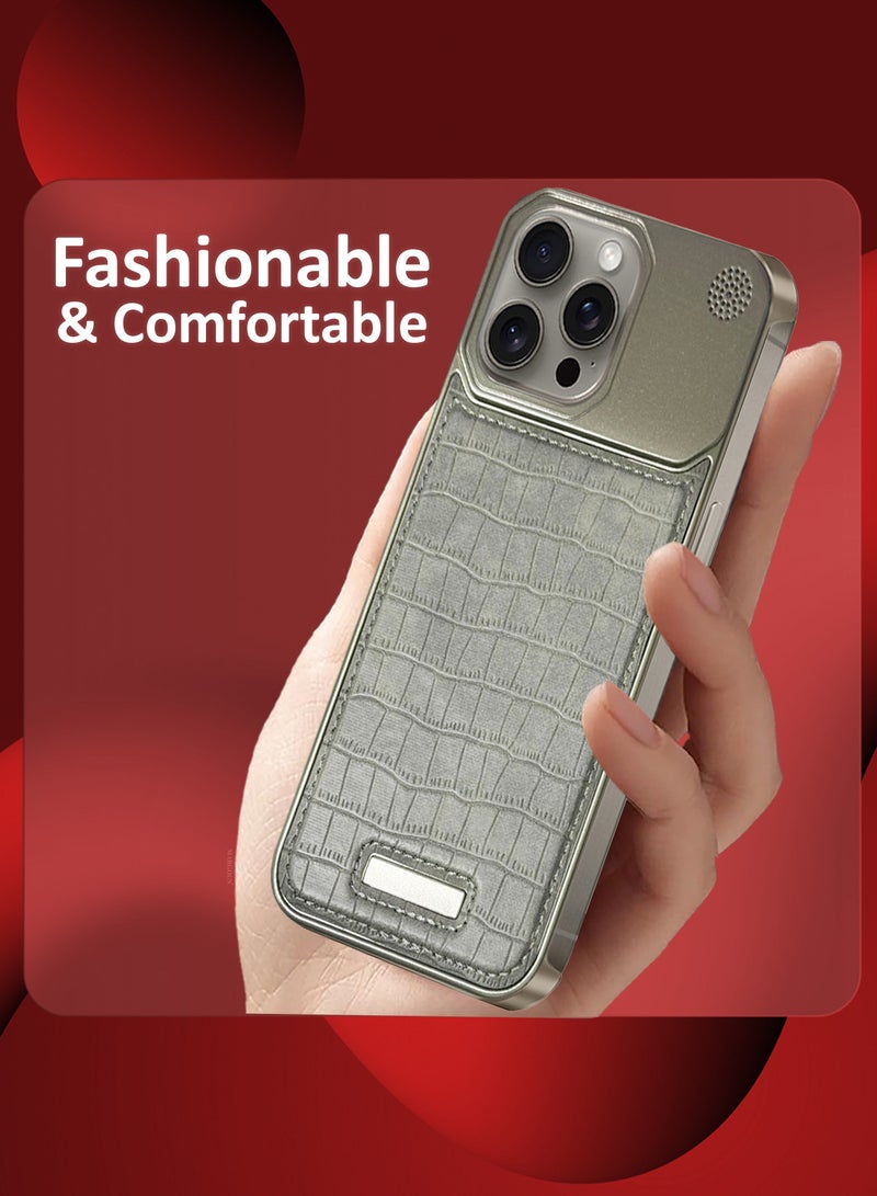iPhone 15 Pro Max Case Leather Metal Design, Slim Lightweight Minimalist Cover Greyish-1
