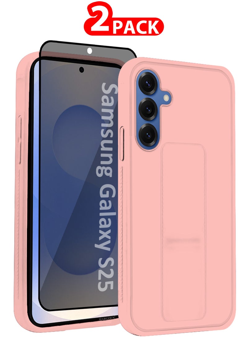 MARGOUN Galaxy S25 2Packs Case Premium Silicone with Stand Function Finger Grip Case Cover with 1 Shock Proof Screen Protector / Pink Pink-2  - Image 1