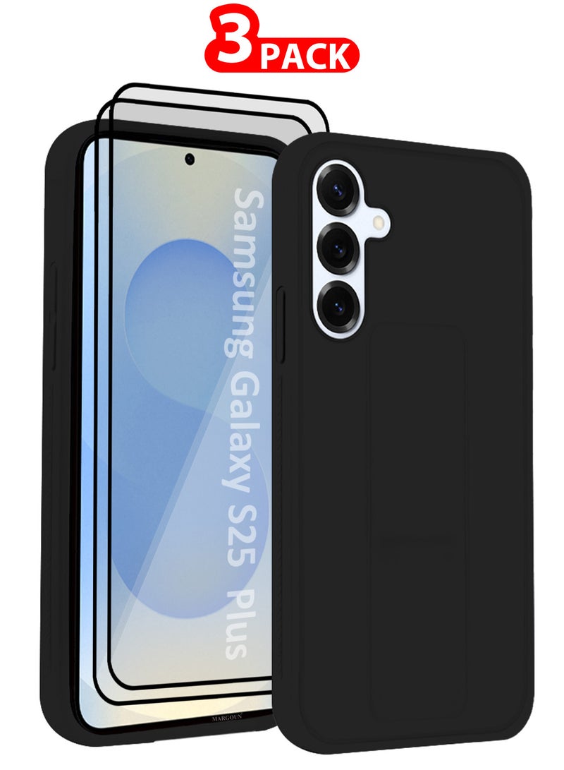 MARGOUN - Galaxy S25 Plus 3Packs Case Silicone with Stand Function Shockproof and Anti Scratch Finger Grip Case Cover with 2 Privacy Screen Protectors / Black Black-3p - Image 1