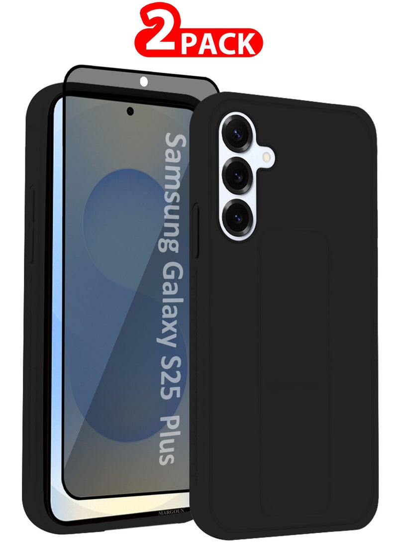 مارجون جراب سيليكون Galaxy S25 Plus 2 حزمة مع وظيفة حامل مضاد للصدمات ومضاد للخدش مع قبضة إصبع مع 1 واقي شاشة مضاد للصدمات / أسود - Image 1
