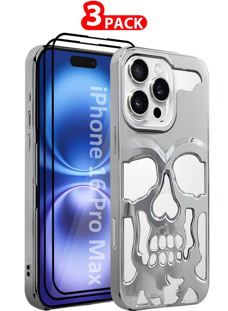 MARGOUN iPhone 16 Pro Max 3Packs Skull Case Cover Soft TPU and Glossy with Two 3D Shockproof Screen Protector - Silver Silver-3s - Image 1