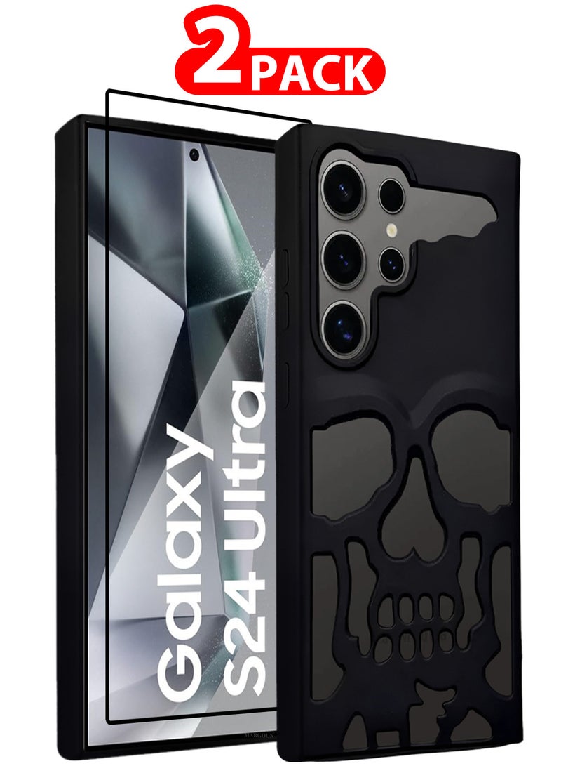 MARGOUN Galaxy S24 Ultra 2Packs Case Cover Soft TPU and Glossy Skull Design with 3D Shockproof Screen Protector - Black Black-2ss - Image 1