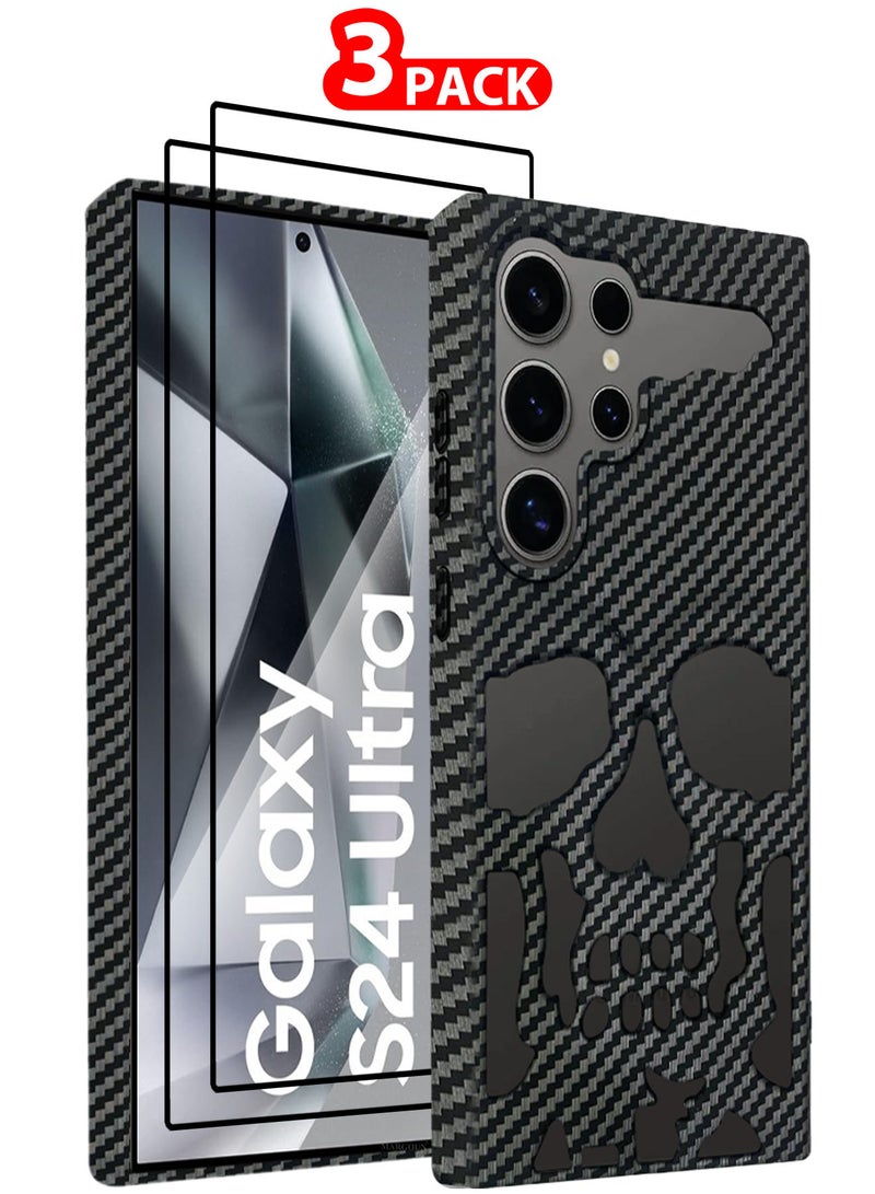 MARGOUN Galaxy S24 Ultra 3Packs Case Cover Soft TPU and Glossy Skull Design with Two 3D Shockproof Screen Protector - Carbon Fiber Carbon Fiber-3ss - Image 1