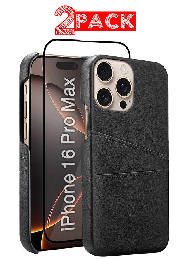 MARGOUN iPhone 16 Pro Max 2Packs Case Cover Leather with Card Holder for Men Women Phone Case with 3D Screen Protector  - Black Black-2  - Image 1