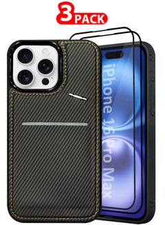 MARGOUN iPhone 16 Pro Max 3Pack Case Leather Cover Card Holder and Kickstand with 2 Screen Protector Tempered Glassfor Men Women Phone Case with Carbon Fiber Pattern Black-3  - Image 1