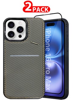 MARGOUN iPhone 16 Pro Max 2Pack Case Leather Cover Card Holder and Kickstand with 1 Screen Protector Tempered Glass for Men Women Phone Case with Carbon Fiber Pattern Grey-2  - Image 1