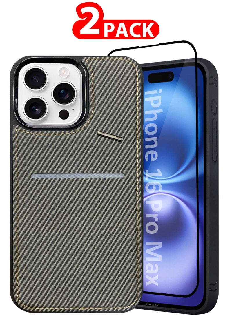 MARGOUN iPhone 16 Pro Max 2Pack Case Leather Cover Card Holder and Kickstand with 1 Screen Protector Tempered Glass for Men Women Phone Case with Carbon Fiber Pattern Grey-2 - Image 1