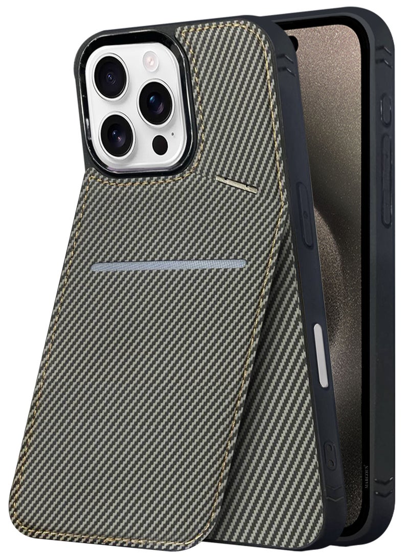 MARGOUN iPhone 16 Pro Max 2Pack Case Leather Cover Card Holder and Kickstand with 1 Screen Protector Tempered Glass for Men Women Phone Case with Carbon Fiber Pattern Grey-2 - Image 5