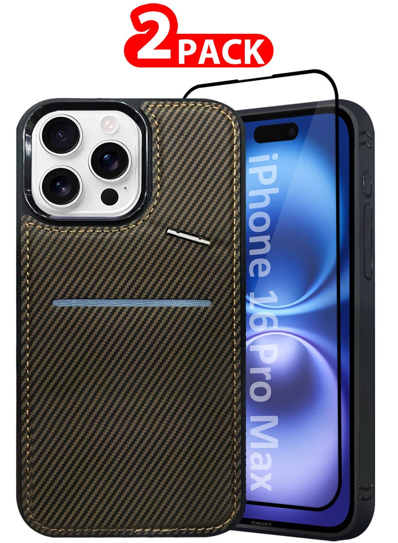 MARGOUN iPhone 16 Pro Max 2Pack Case Leather Cover Card Holder and Kickstand with 1 Screen Protector Tempered Glass for Men Women Phone Case with Carbon Fiber Pattern Brown-2  - Image 1