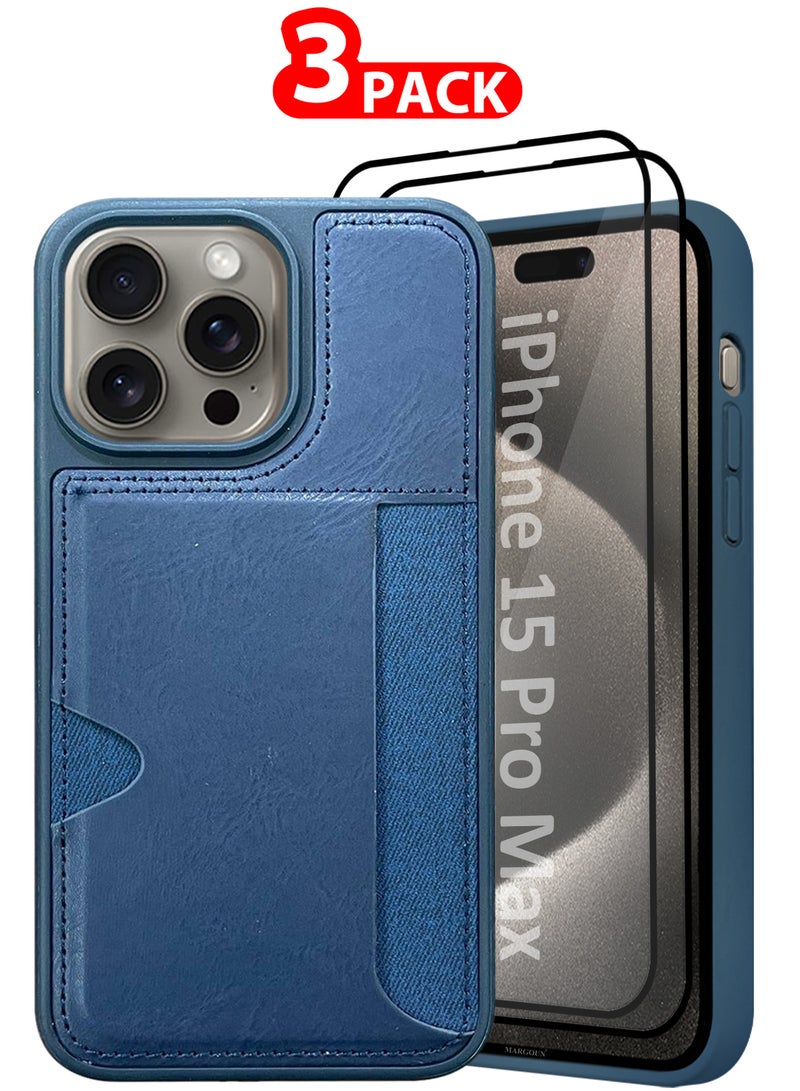 MARGOUN iPhone 15 Pro Max 3Packs Case Leather Antifingerprint Cover with Wallet Card Slot Shell, Side Insert Card Holder, Anti Fall Protection - Blue Blue-3  - Image 1