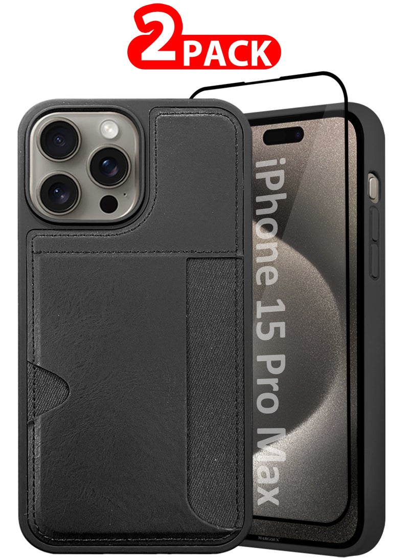 MARGOUN iPhone 15 Pro Max 2Packs Case Leather Antifingerprint Cover with Wallet Card Slot Shell, Side Insert Card Holder, Anti Fall Protection - Black Black-2  - Image 1