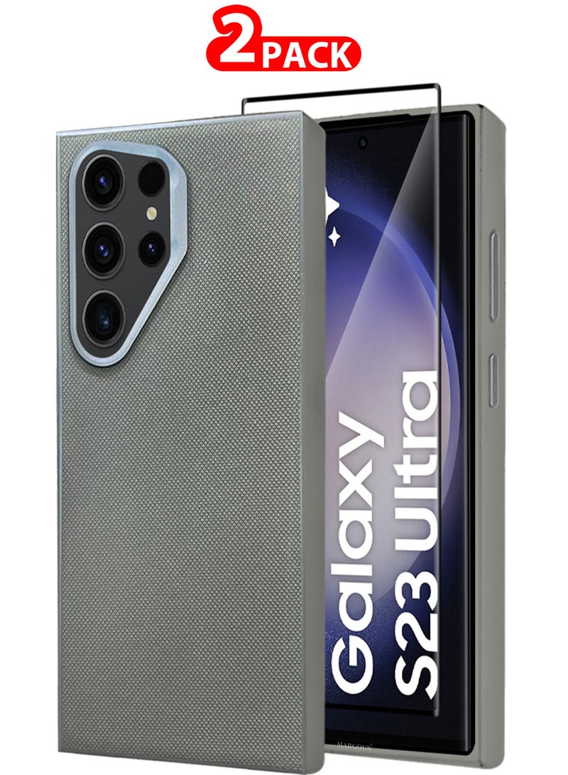 مارجون Samsung Galaxy S23 Ultra 2 Pack Vegan Leather Case, 1 Cover with 1 Screen Protector, Slim Fit, Raised Edges for Camera and Screen Protection Grey-2 - Image 1