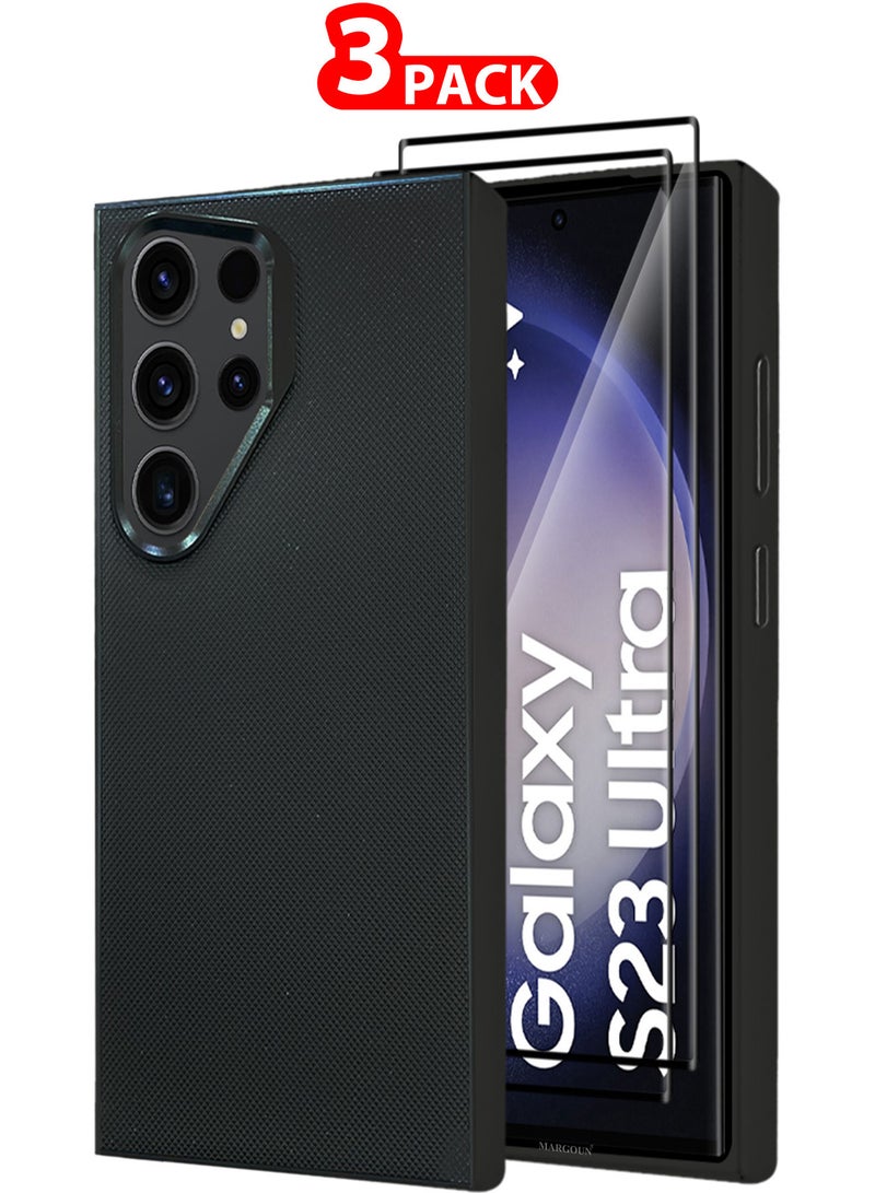 MARGOUN Samsung Galaxy S23 Ultra 3 Pack Vegan Leather Case, 1 Cover with 2 Screen Protectors, Slim Fit, Raised Edges for Camera and Screen Protection Black-3 - Image 1