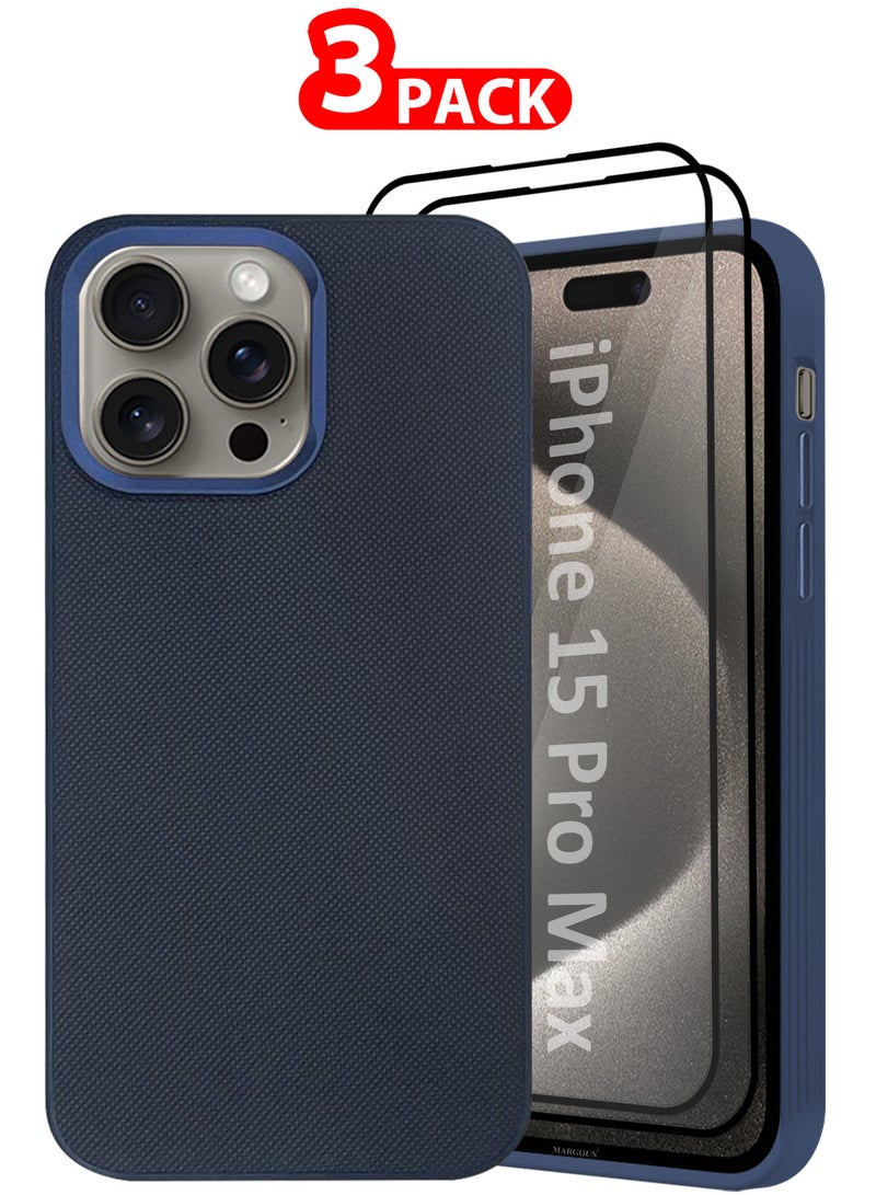 MARGOUN iPhone 15 Pro Max 3 Pack Vegan Leather Case, 1 Cover with 2 Screen Protectors, Slim Fit, Raised Edges for Camera and Screen Protection Blue-3 - Image 1