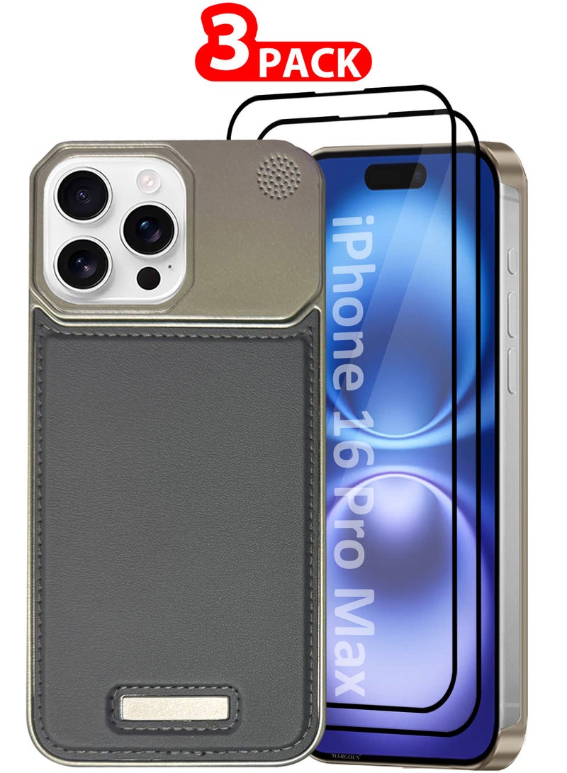 MARGOUN iPhone 16 Pro Max 3 Pack Case Leather Metal Design, Slim Lightweight Minimalist Cover,1 Case 2 Screen Protectors Dark Grey-3  - Image 1