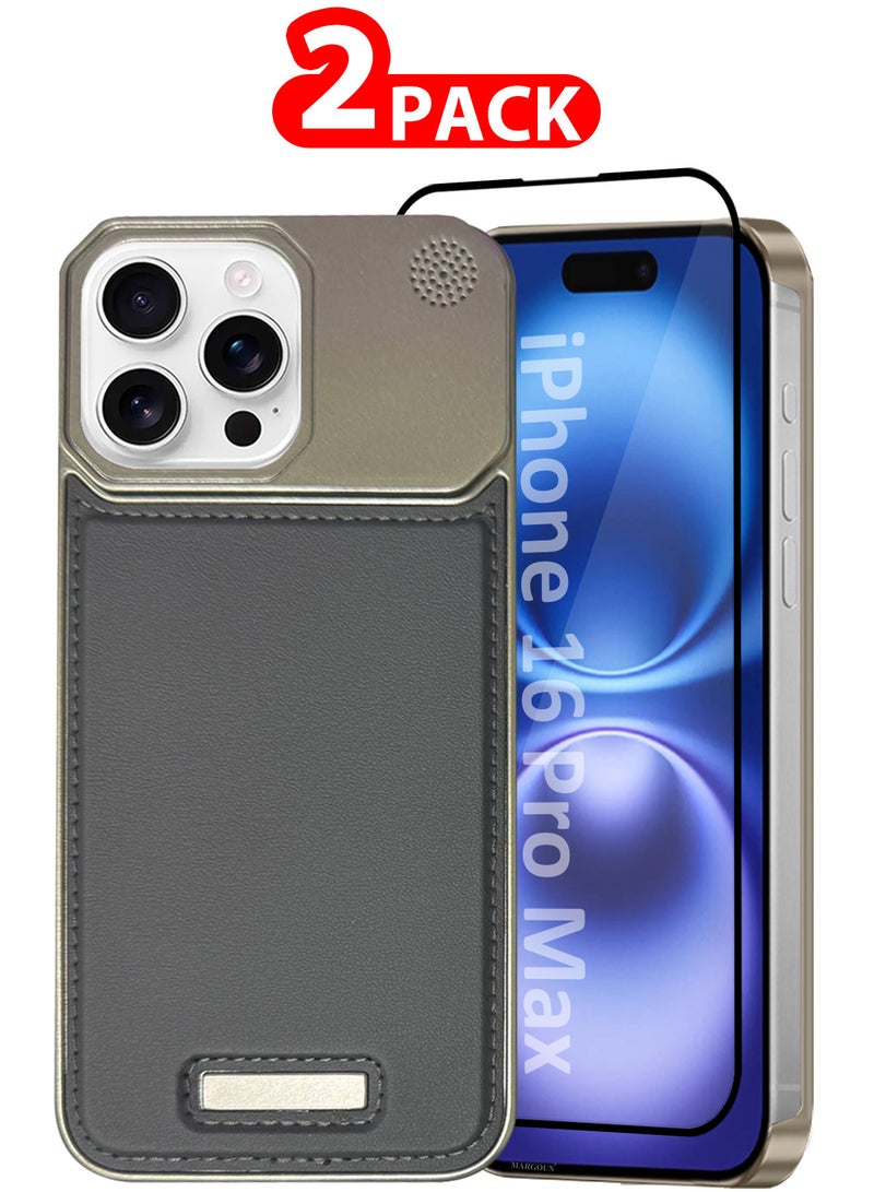 MARGOUN iPhone 16 Pro Max 2 Pack Case Leather Metal Design, Slim Lightweight Minimalist Cover,1 Case 1 Screen Protector Dark Grey-2 - Image 1
