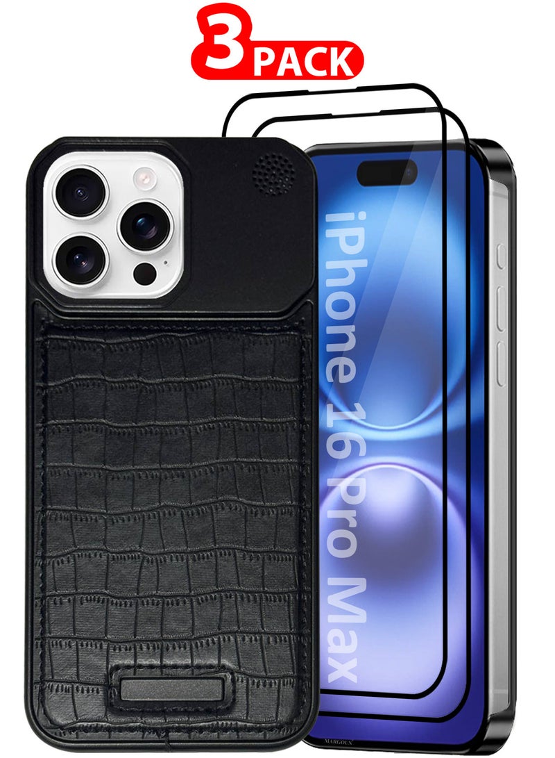 MARGOUN iPhone 16 Pro Max 3 Pack Case Leather Metal Design, Slim Lightweight Minimalist Cover,1 Case 2 Screen Protectors Blackish-3  - Image 1