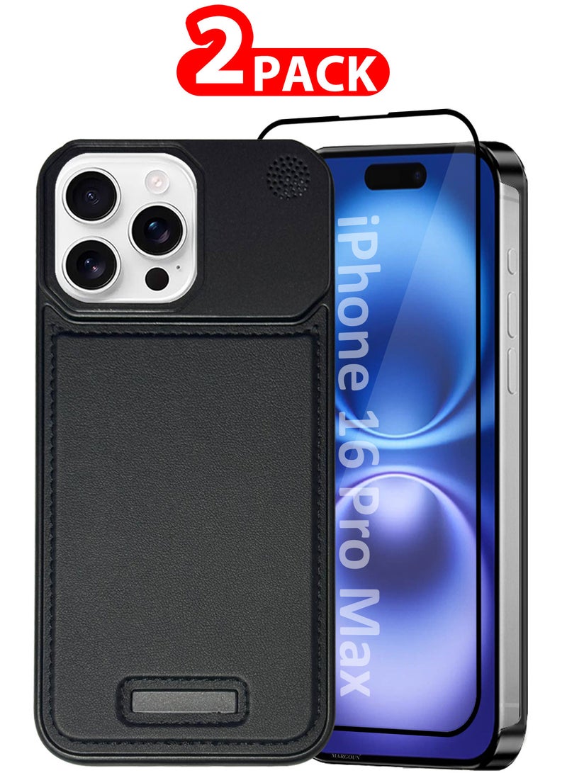MARGOUN iPhone 16 Pro Max 2 Pack Case Leather Metal Design, Slim Lightweight Minimalist Cover,1 Case 1 Screen Protector Carbon Black-2  - Image 1