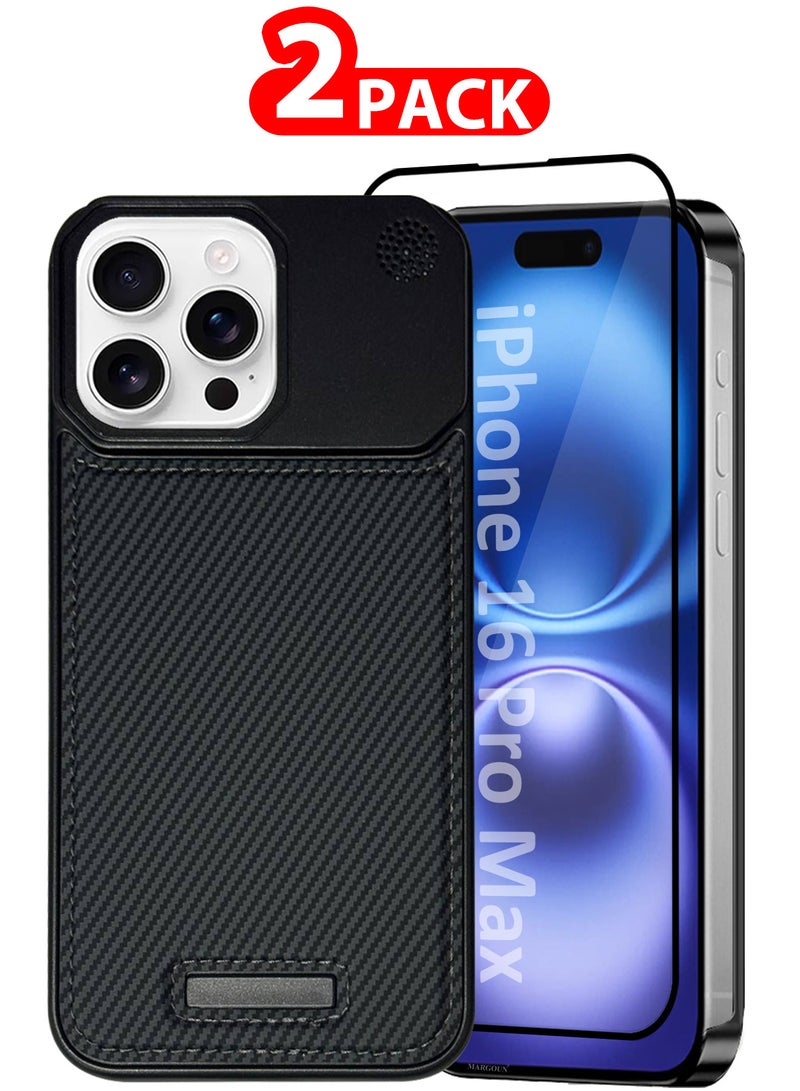 MARGOUN iPhone 16 Pro Max Case Leather Metal Design, Slim Lightweight Minimalist Cover, 1 Case, 1 Screen Protector - Pack of 2 - Black-2  - Image 1
