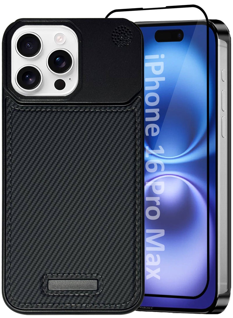 MARGOUN iPhone 16 Pro Max Case Leather Metal Design, Slim Lightweight Minimalist Cover, 1 Case, 1 Screen Protector - Pack of 2 - Black-2  - Image 2