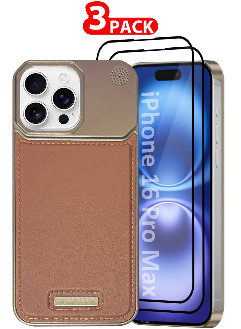 MARGOUN iPhone 16 Pro Max 3 Pack Case Leather Metal Design, Slim Lightweight Minimalist Cover,1 Case 2 Screen Protectors Brownie-3  - Image 1