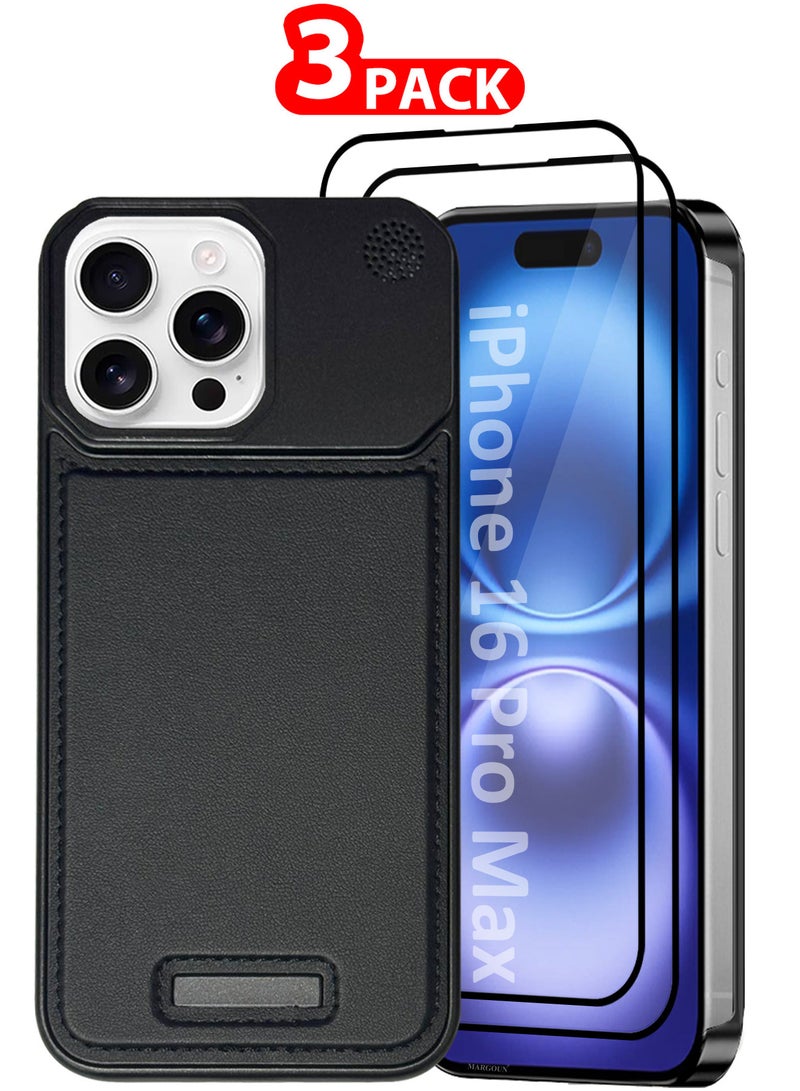 MARGOUN iPhone 16 Pro Max Case Leather Metal Design, Slim Lightweight Minimalist Cover, 1 Case, 2 Screen Protectors - Pack of 3 - Carbon Black-3  - Image 1