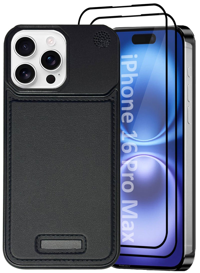 MARGOUN iPhone 16 Pro Max Case Leather Metal Design, Slim Lightweight Minimalist Cover, 1 Case, 2 Screen Protectors - Pack of 3 - Carbon Black-3  - Image 2