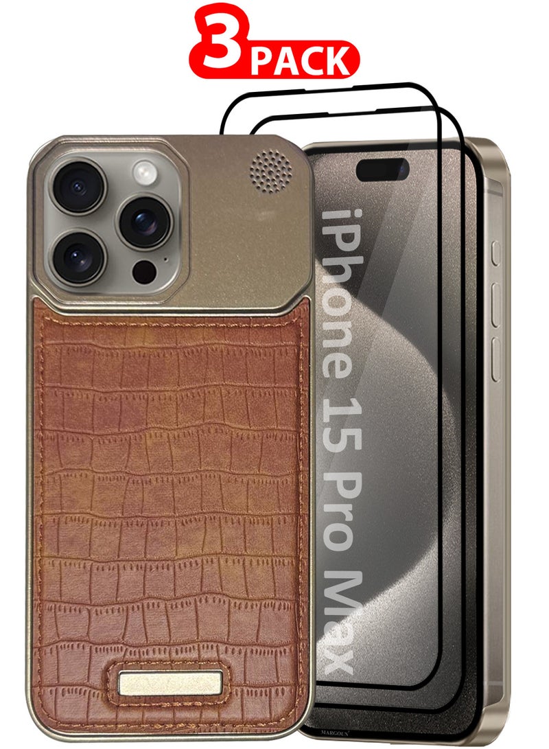 MARGOUN iPhone 15 Pro Max 3 Pack Case Leather Metal Design, Slim Lightweight Minimalist Cover,1 Case 2 Screen Protectors Brown-3  - Image 1