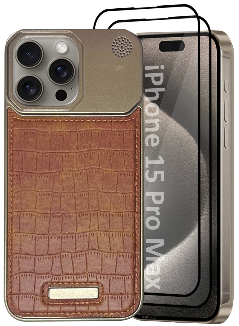 MARGOUN iPhone 15 Pro Max 3 Pack Case Leather Metal Design, Slim Lightweight Minimalist Cover,1 Case 2 Screen Protectors Brown-3  - Image 2